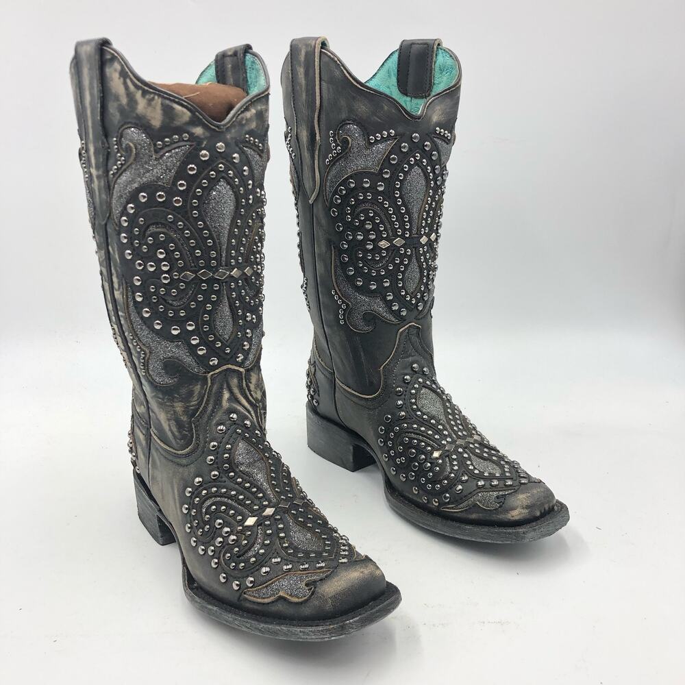 Corral Womens Inlay & Embroidery & Studs Square Toe Black Size 7 M